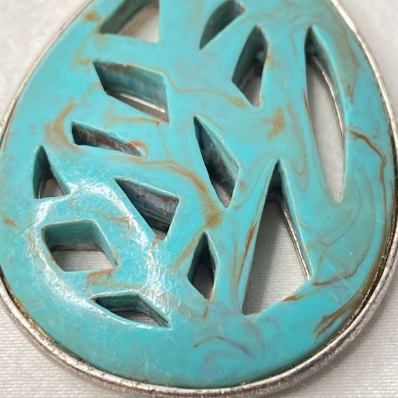 Teardrop Pendant Open Marbled Mint Green Stone Silver Tone Setting - Picture 4 of 8